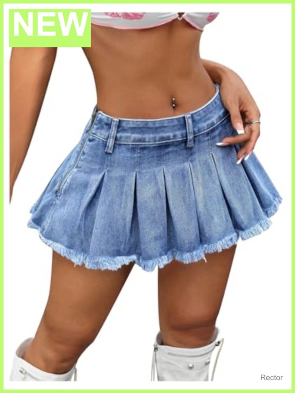 Pleated Denim Mini Skirt with Raw Hem and Zipper Fly